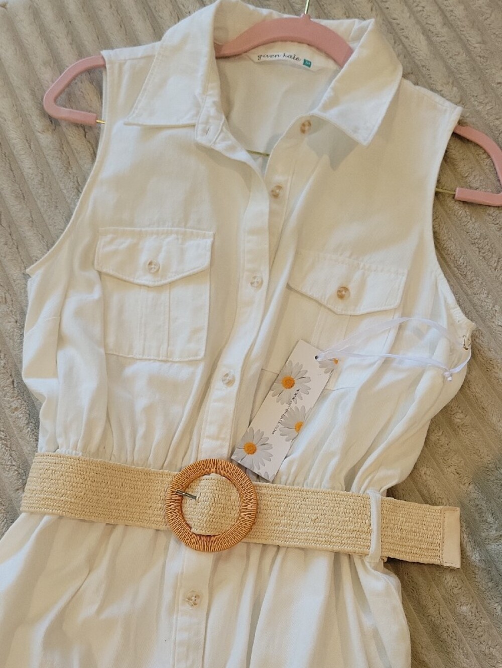 Sleeveless Cream Maxi Shirt Dress with Woven Round-Buckle Belt - Picture 10 of 12